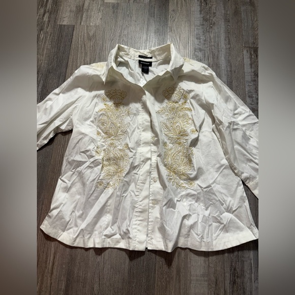 Avenue White Button-Down Shirt 18/20 Plus Size Stretch Embroidered Gold Paisley - Picture 1 of 5